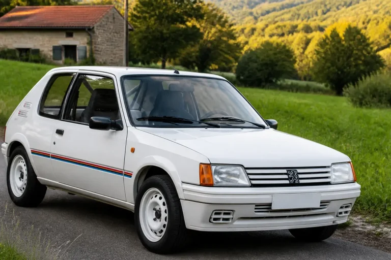 Voiture Peugeot 205 Rallye blanche garée sur route de campagne en occasion