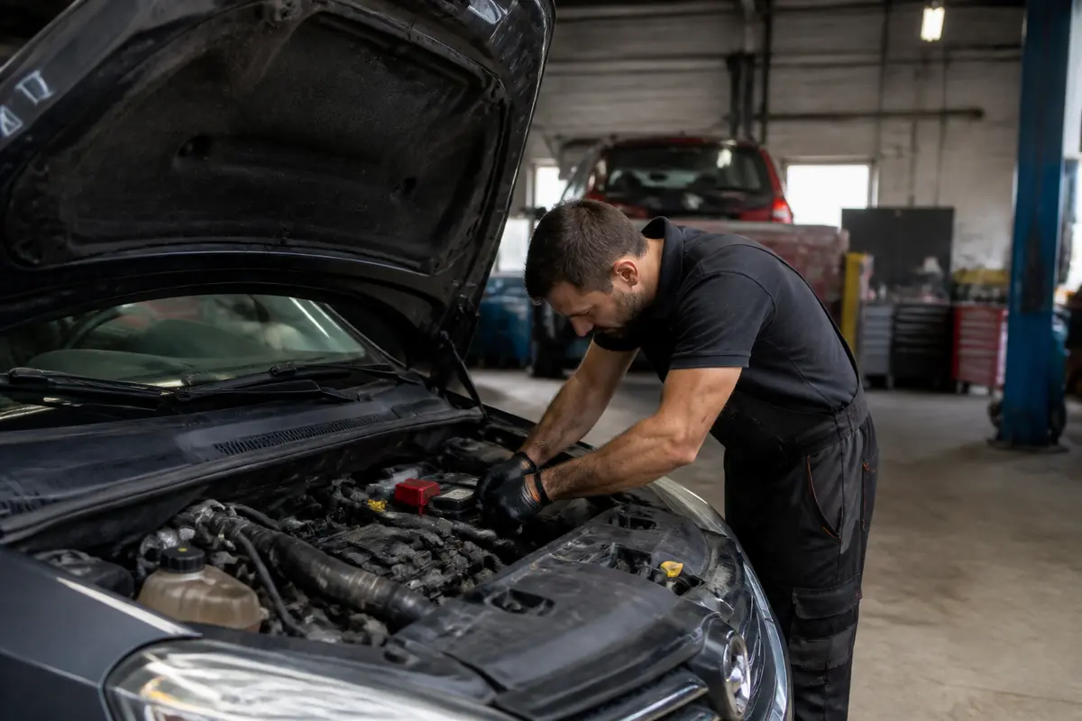 Mécanicien répare un moteur dans un garage à Auto Centrale Venette