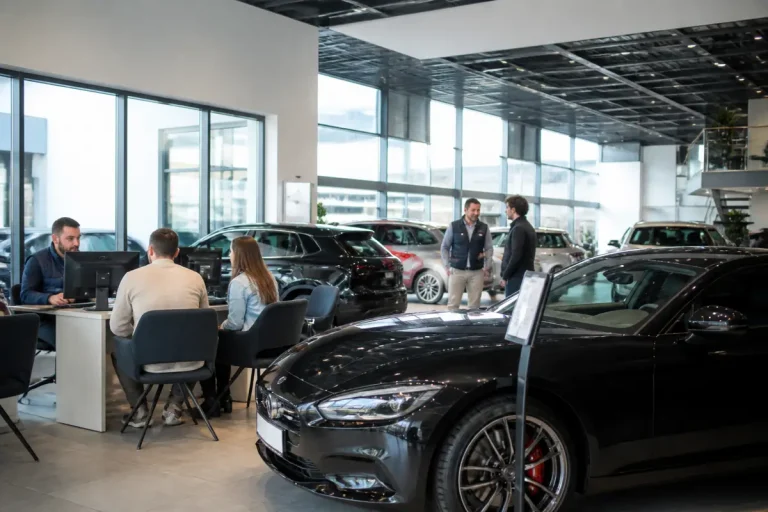 Salle d'exposition avec voitures modernes mettant en avant la performance automobile.