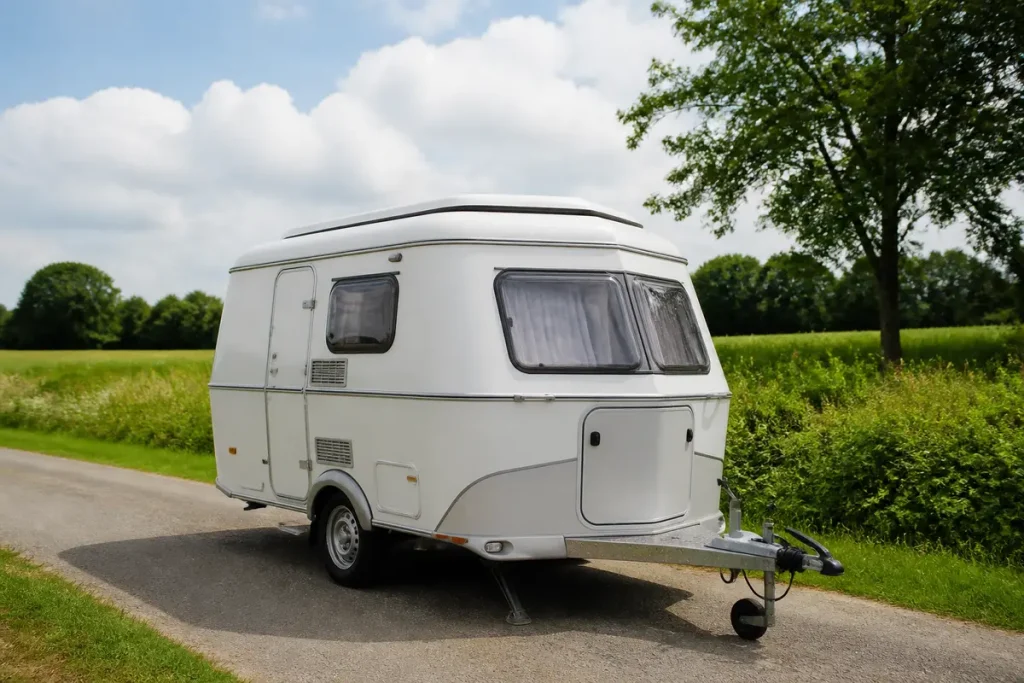 Petite caravane Eriba d'occasion 2 places sur route de campagne ensoleillée