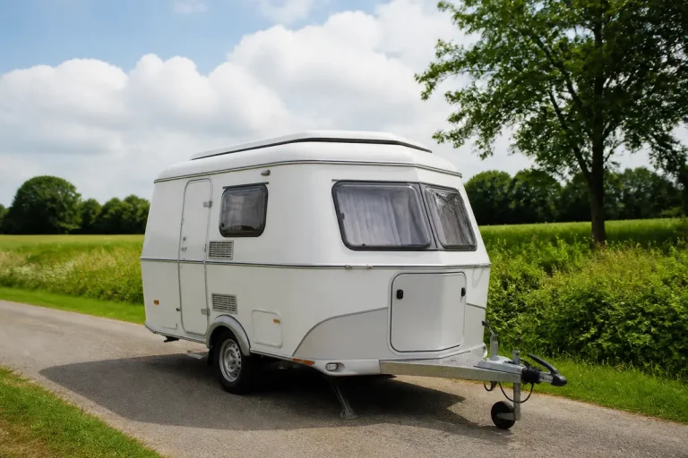 Petite caravane Eriba d'occasion 2 places sur route de campagne ensoleillée