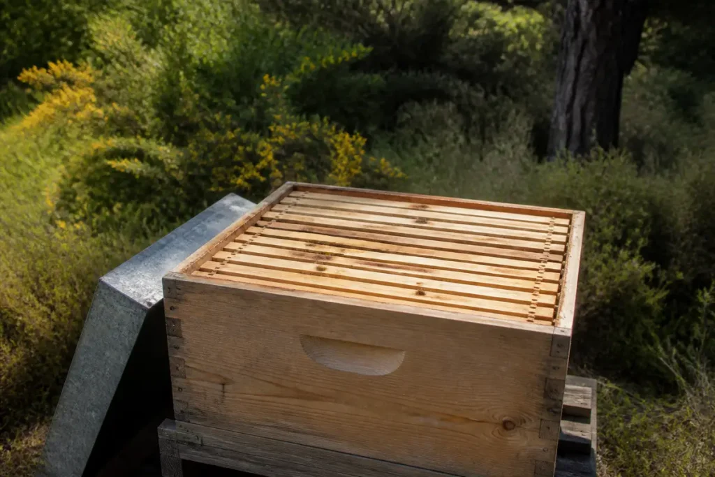 Ruche en bois Dadant d'occasion posée sur support dans un jardin verdoyant