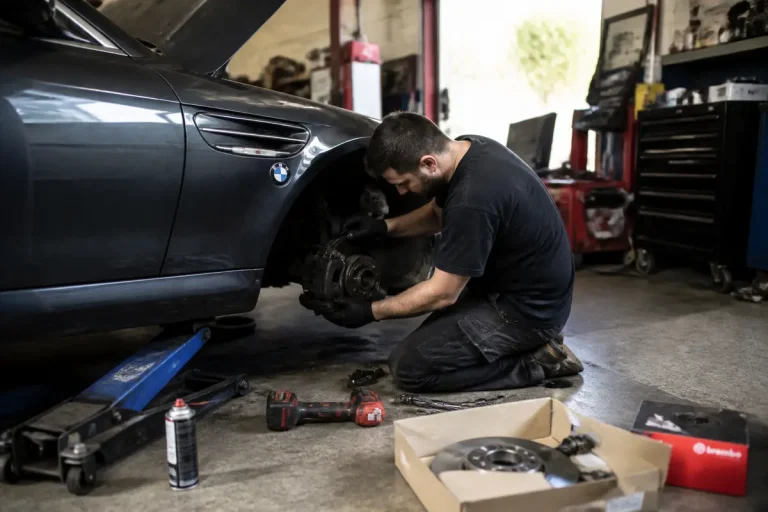 Mécanicien effectuant un entretien d'une BMW de plus de 6 ans dans un garage