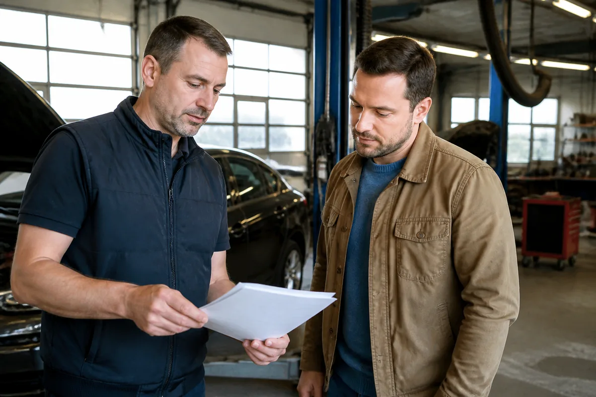 Discussion entre un mécanicien et un client sur le financement de l’entretien automobile dans un atelier