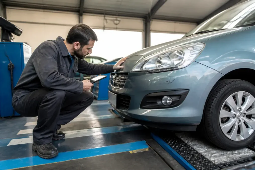 Technicien inspectant une voiture lors d'une formation au contrôle technique en garage auto