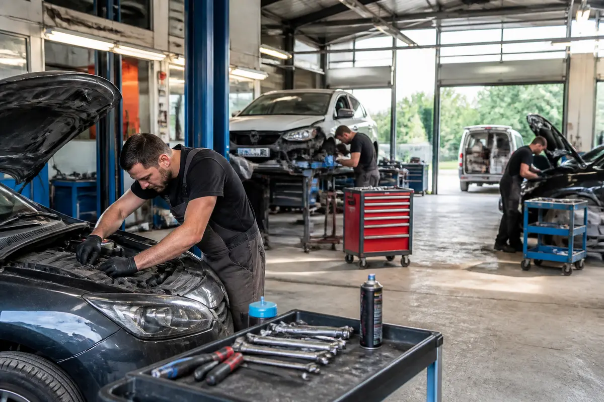 Mécaniciens travaillant sur des voitures dans le garage à Cauffry avec outils professionnels