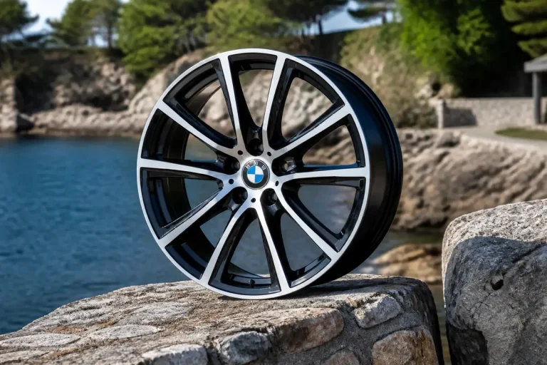 Jante noire et argentée de BMW sur fond de paysage côtier.