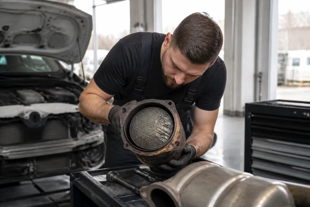 Inspection d'un filtre à particules automobile dans un atelier par un professionnel