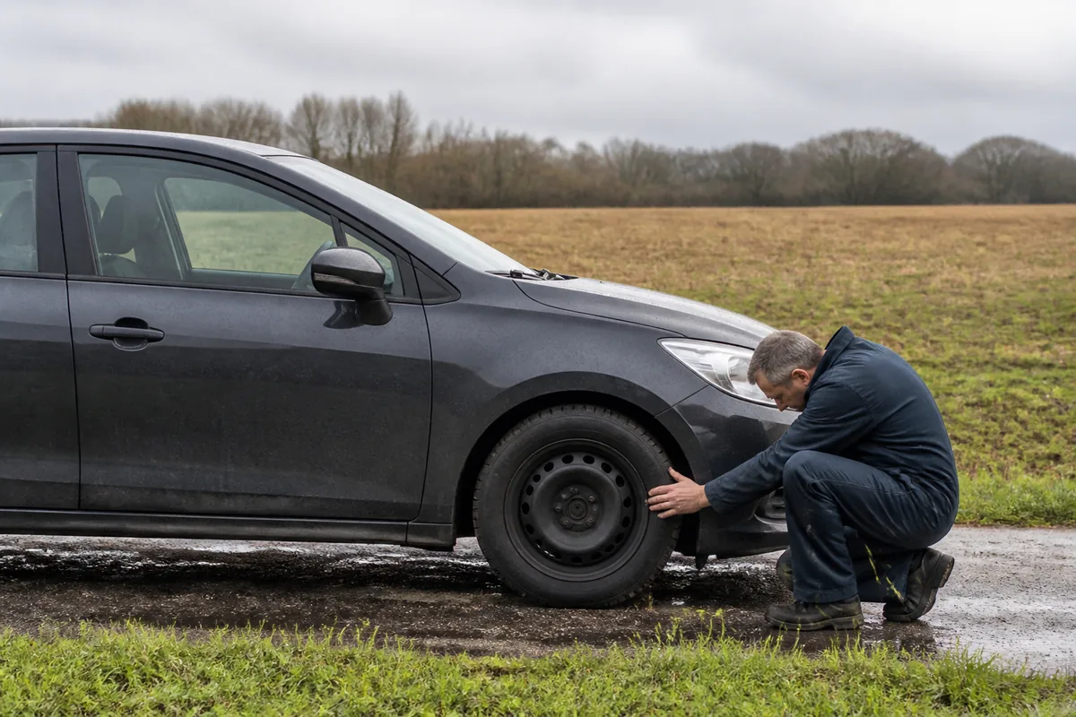 Voiture en mouvement avec un mécanicien vérifiant la roue avant sur une route de campagne