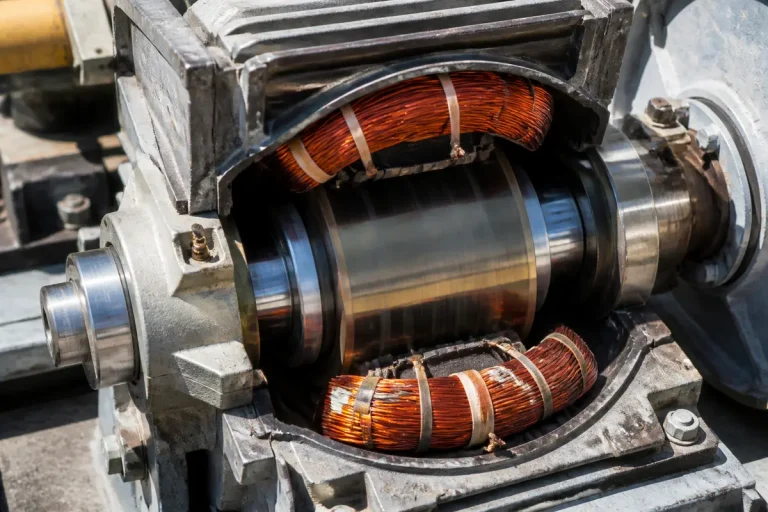 Vue détaillée d'un rotor de moteur électromagnétique avec enroulements cuivre exposés.