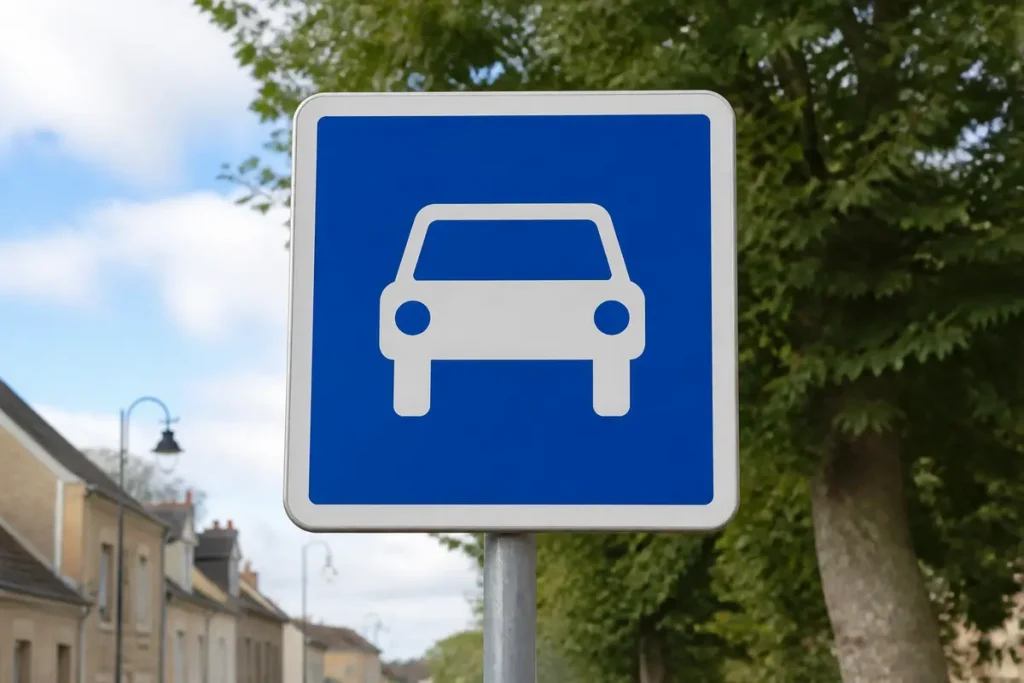 Panneau routier bleu indiquant une voie réservée aux voitures devant des arbres et maisons