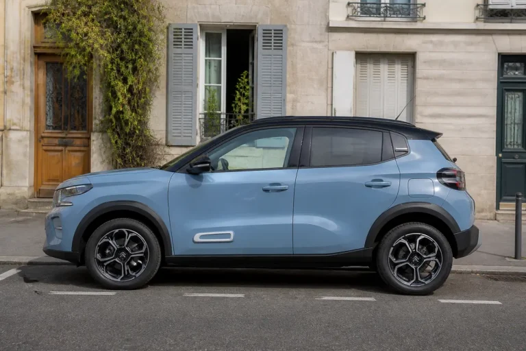Citroën C3 neuve essence 5 portes stationnée devant maisons anciennes en ville.