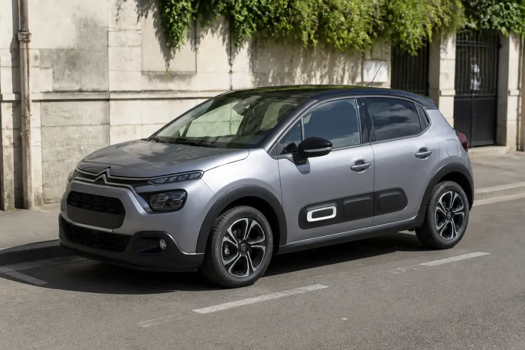 Citroën C3 neuve, gris argent, essence, automatique, stationnée devant un mur pierre.
