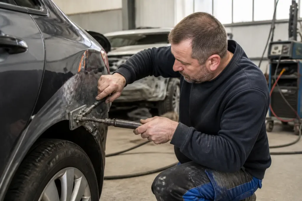 Un homme répare une carrosserie enfoncée ; estimation du prix de réparation carrosserie.