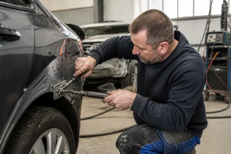 Un homme répare une carrosserie enfoncée ; estimation du prix de réparation carrosserie.