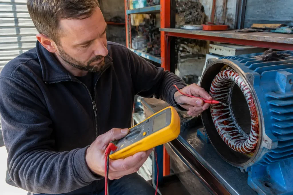 Technicien vérifiant un moteur électrique avec un multimètre lors d'un test moteur