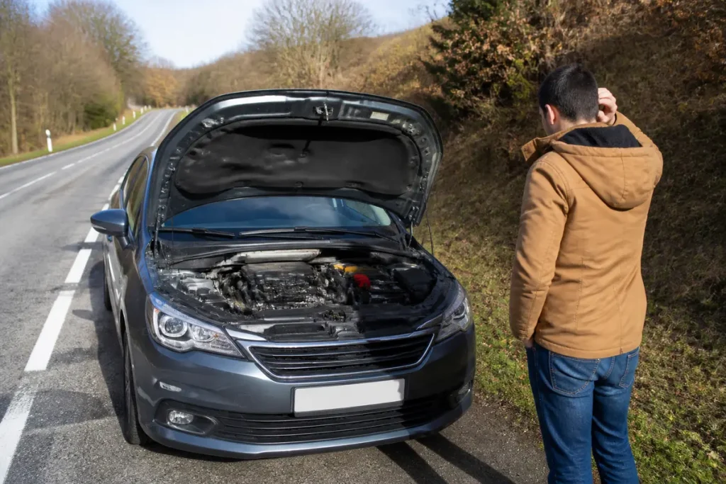 Personne préoccupée par une voiture diesel dont le moteur s'éteint en roulant sur route