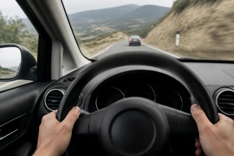 Vue de l'intérieur d'une voiture avec le volant qui tremble au freinage en montagne