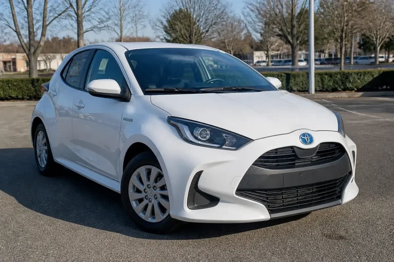 Toyota Yaris hybride blanche en vente d'occasion, garée sur un parking urbain.