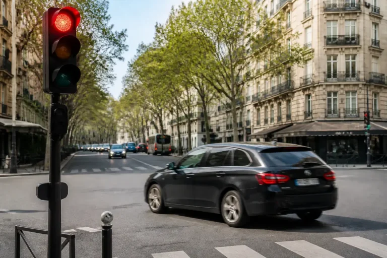 Voiture grillant un feu rouge urbain discutant des points retirés pour cette infraction routière