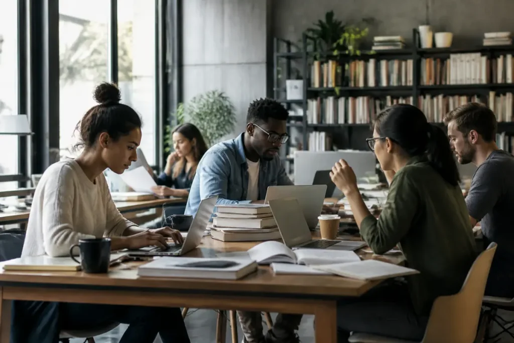 Personnes travaillant en équipe dans une bibliothèque, explorant la signification du HDI ensemble.