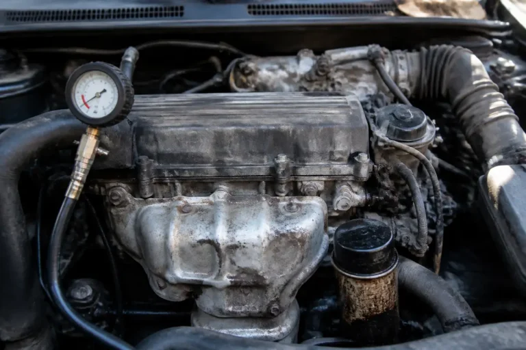 Moteur de voiture avec manomètre indiquant une pression d'huile insuffisante dans le système