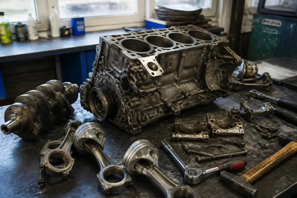 Pièces de moteur démontées sur table d'atelier pour la réfection moteur automobile.