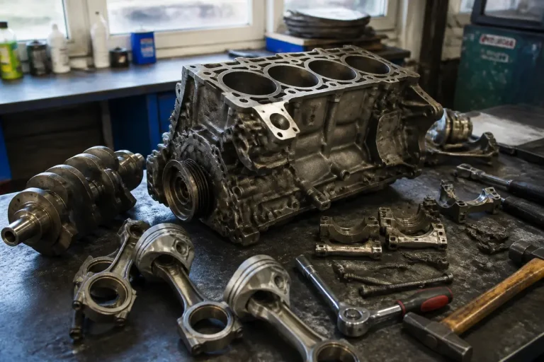 Pièces de moteur démontées sur table d'atelier pour la réfection moteur automobile.