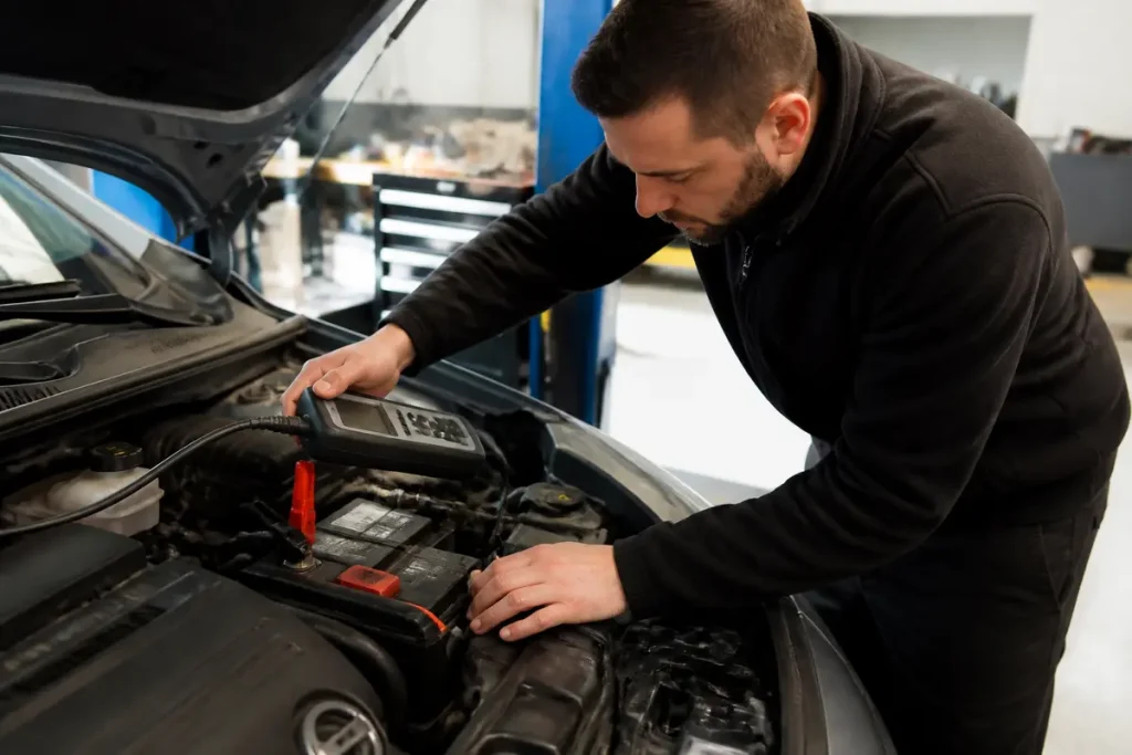 Technicien effectuant une reprogrammation de batterie start and stop avec un appareil de diagnostic