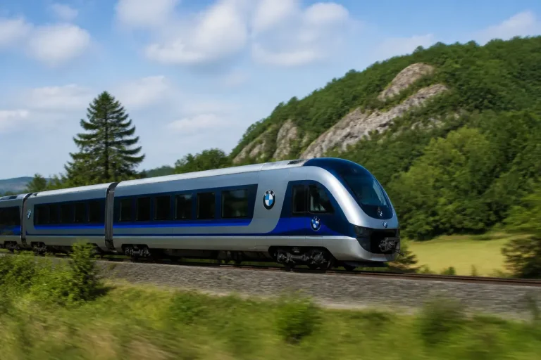 Train à grande vitesse BMW bleu traversant un paysage verdoyant