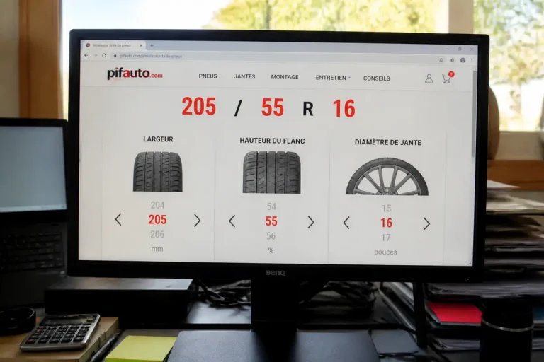 Écran affichant le simulateur de dimensions de pneus sur le site de Pifauto.