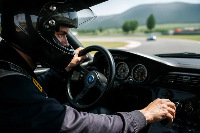 Conducteur au volant sur circuit ressentant des vibrations chez TousEnBagnole.fr